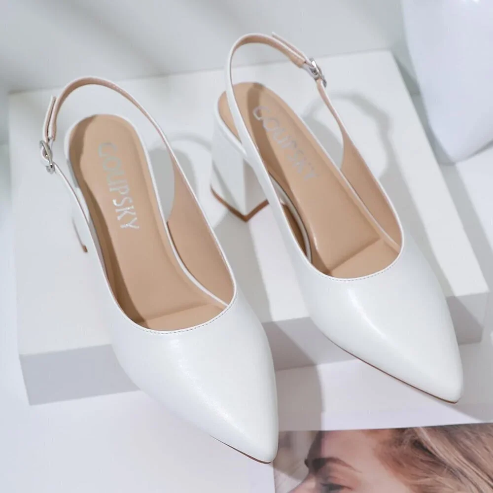 Women's White Pointed Closed Toe Slingback Chunky Heels Office Work Pump Shoes
